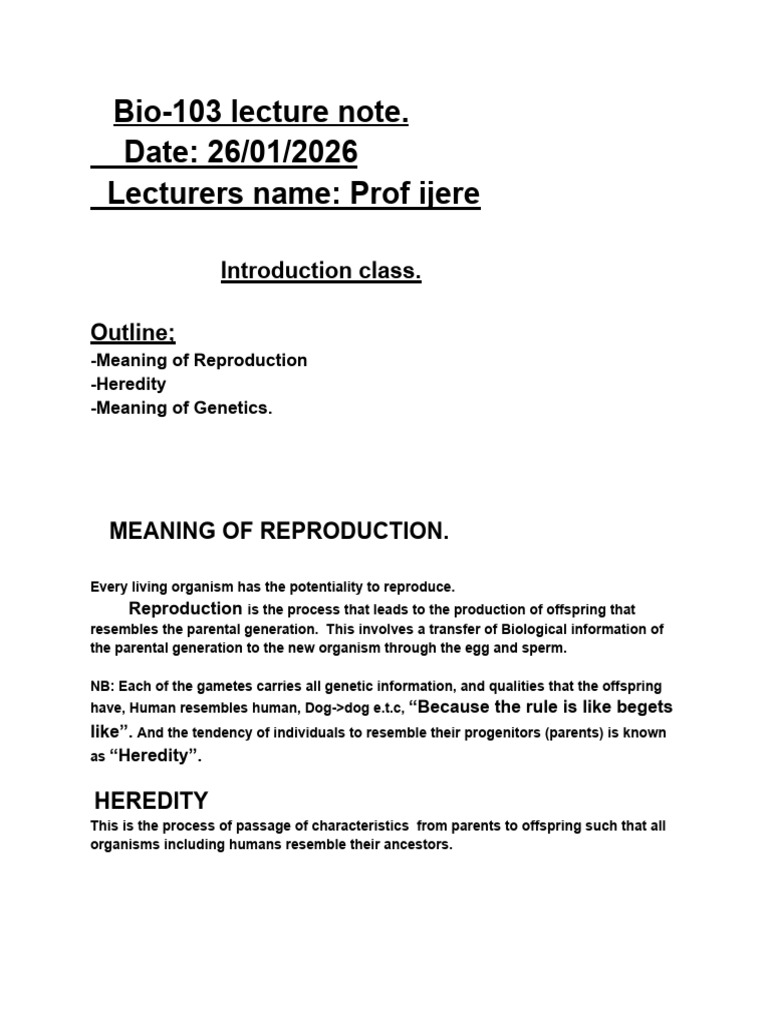 Bio-103 Lecture Note As of 26-01-2026 | PDF