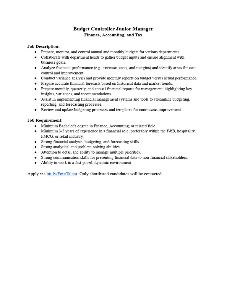 FAT - Budget Controller Jr. Manager | PDF