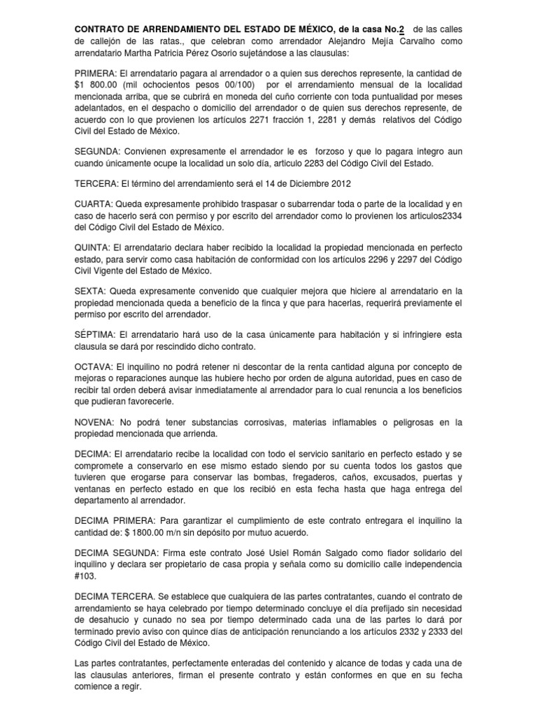 CONTRATO DE ARRENDAMIENTO DEL ESTADO DE MÉXICO Alquiler