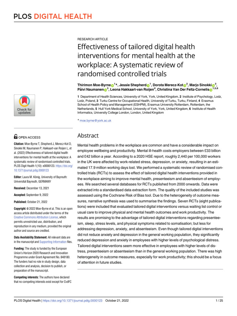 Effectiveness of Tailored Digital Health Interventions | PDF | Mental ...