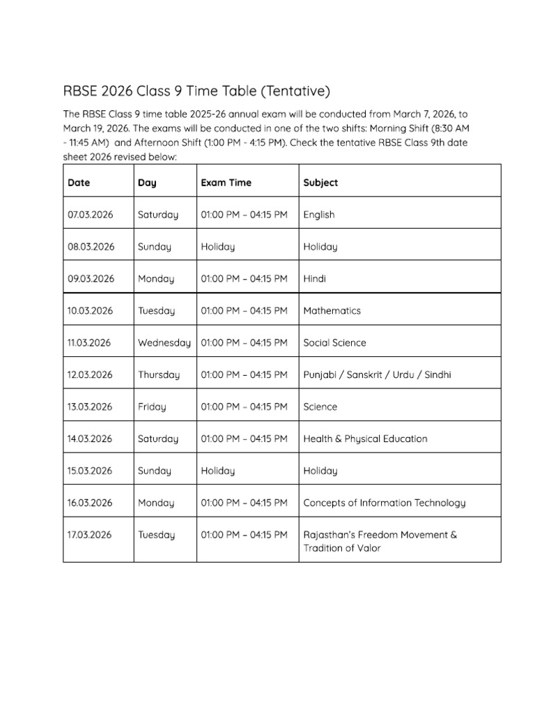 RBSE 2026 Class 9 Time Table Tentative | PDF