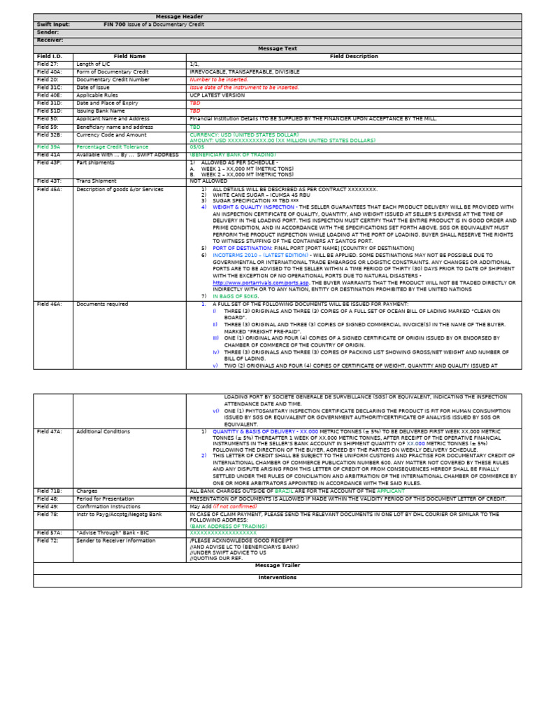 Verbiage - MT700 - Sample | PDF | Letter Of Credit