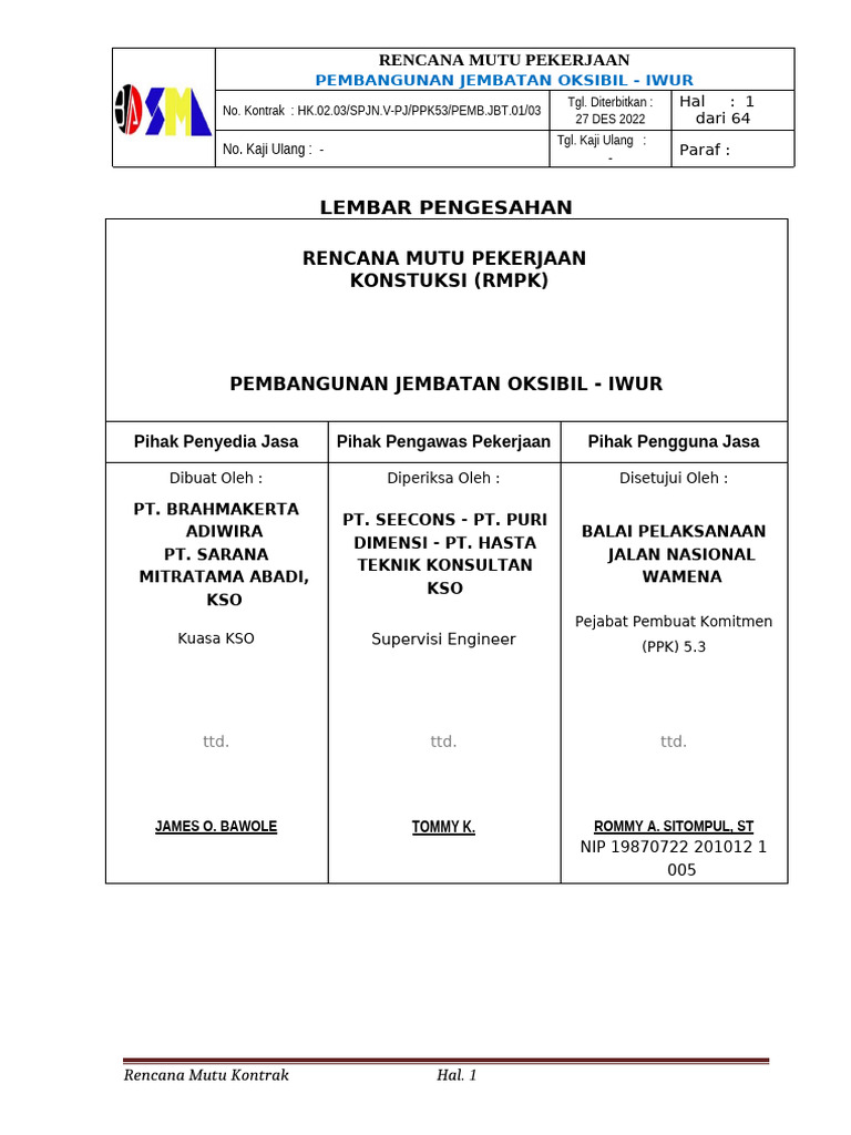 Rencana Mutu Pekerjaan Konstruksi Oksibil - Iwur (RMPK) | PDF