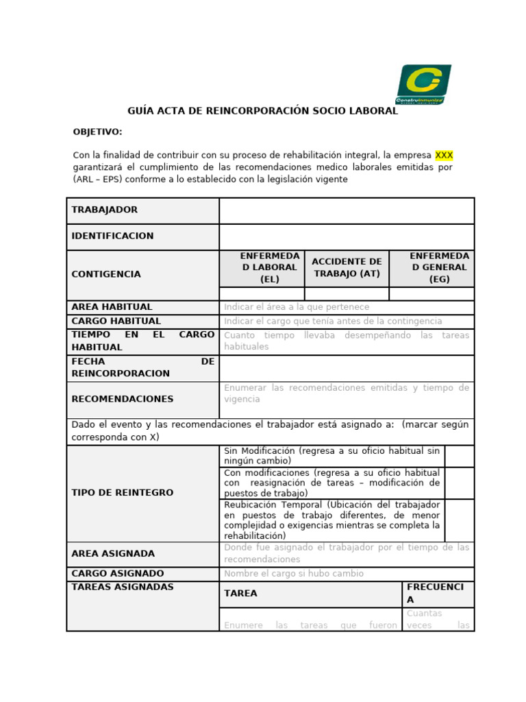 Anexo 2. Guía Acta de Reincorporación Socio Laboral | PDF