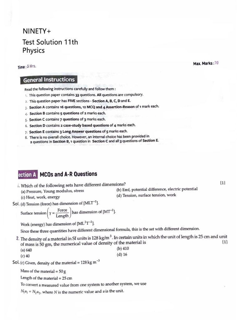 11th Physics Test-1 3rd Feb 2026. Solution | PDF