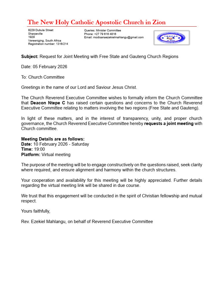 Letter Chruch Committee Virtual Meeting | PDF