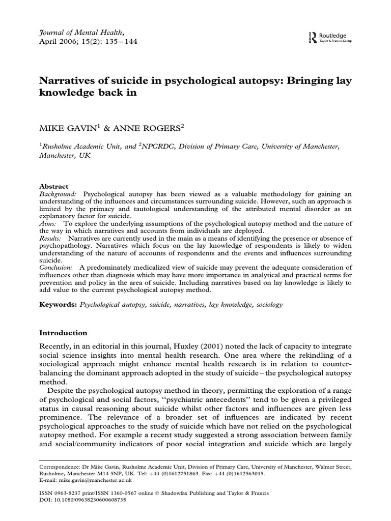 Gavin & Rogers (2006) - Narratives of Suicide in Psychological Autopsy ...