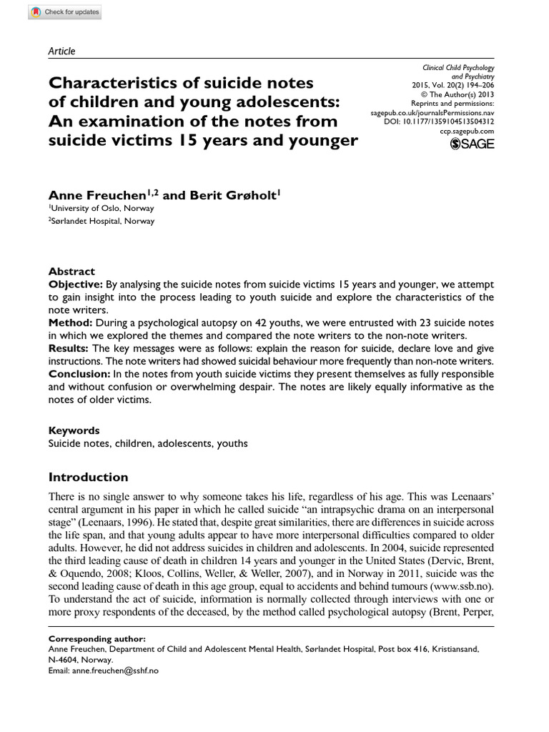 Characteristics of Suicide Notes of Children and Young Adolescents: An ...