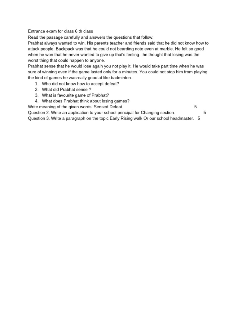 Entrance Exam For Class 6 TH Class | PDF