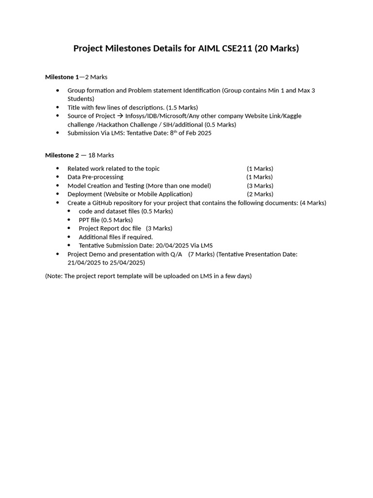 Project Milestones Details For AIML | PDF