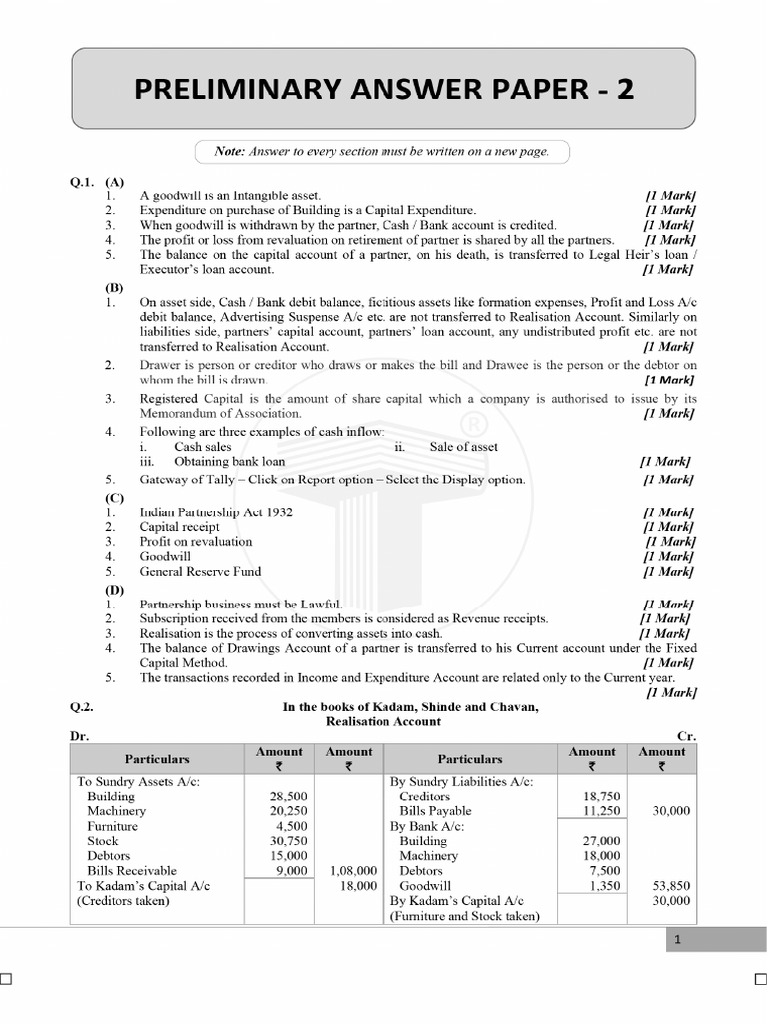 Std. 12th Accounts Practice Question Paper 2 Test Answers | PDF