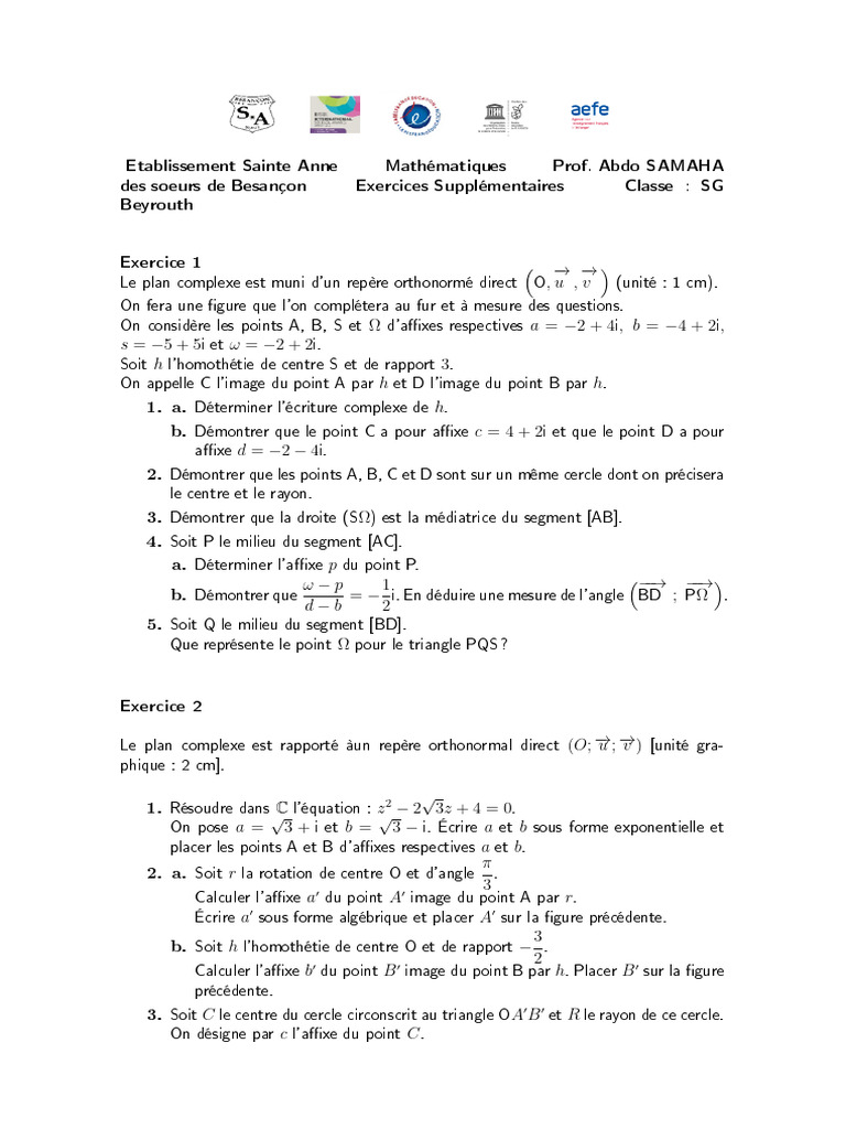 Exercices Supplementaires Transformations Planes-1 | PDF | Nombre ...