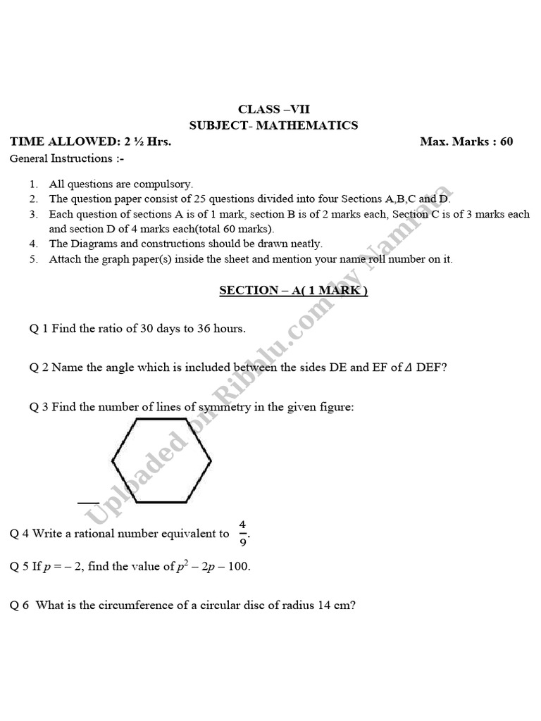 Cbse Class 7 Maths Question Paper Set e | PDF | Area | Circle