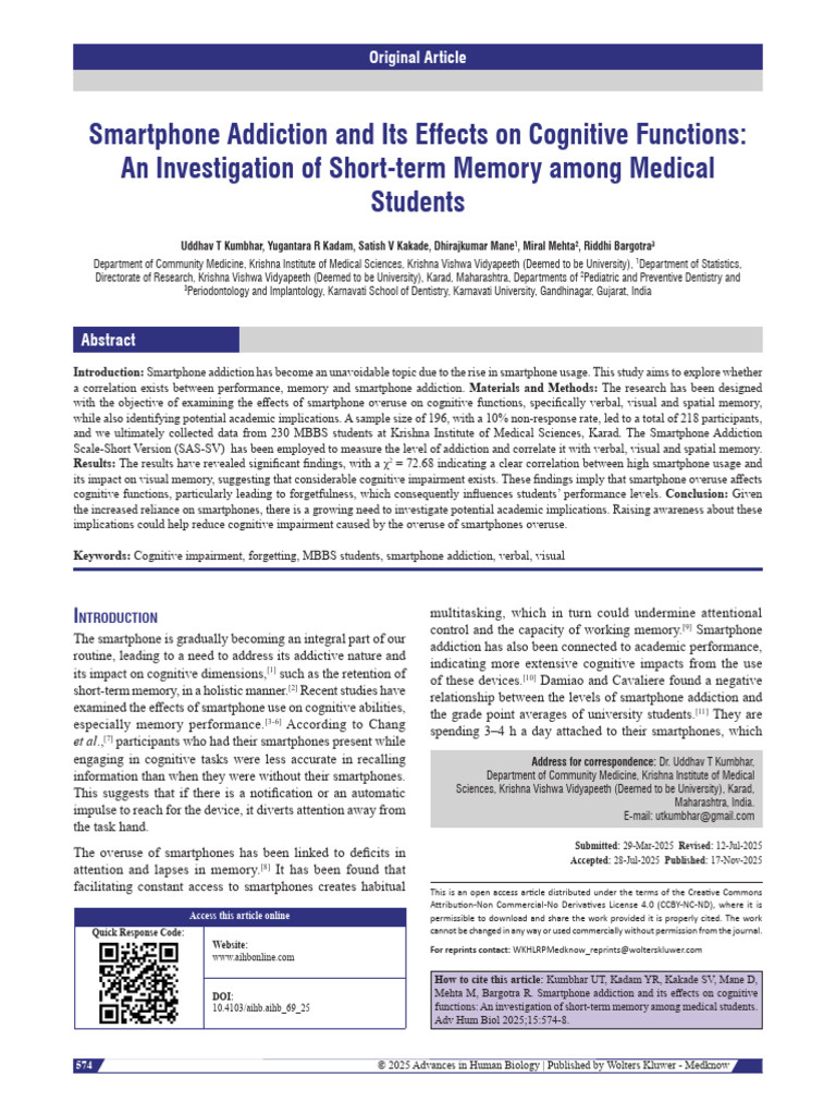 Smartphone Addiction and Its Effects On Cognitive.18 | PDF | Memory ...