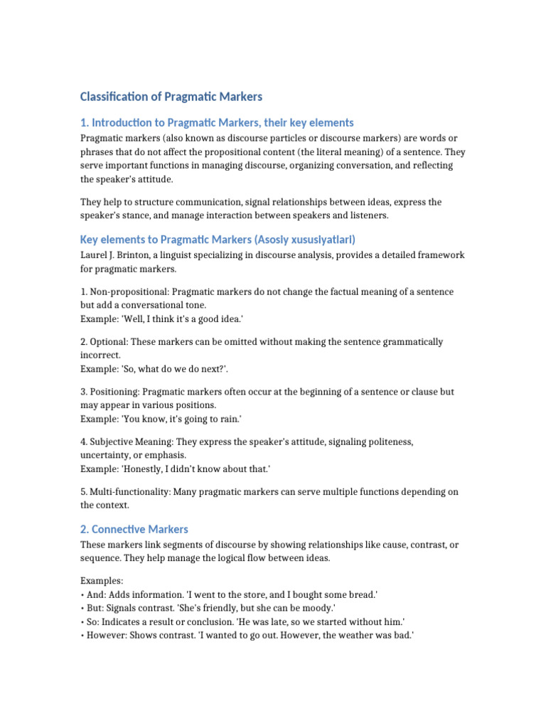 Classification of Pragmatic Markers-1 | PDF | Semantics | Sentence ...