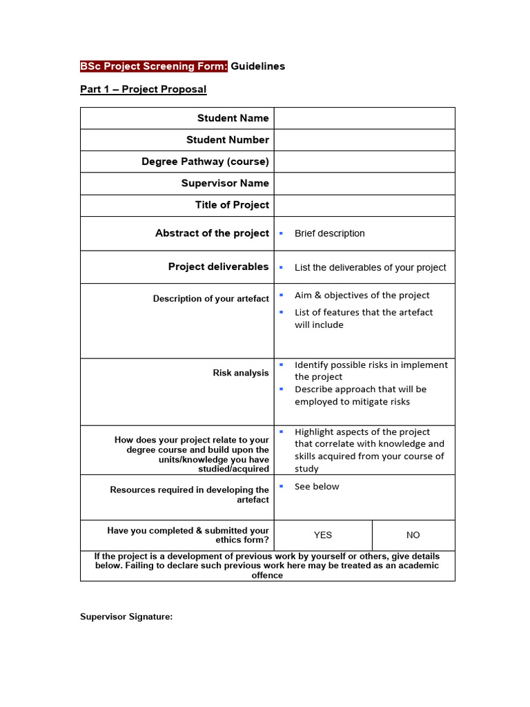 BSC Project Proposal Form - Guidelines | PDF