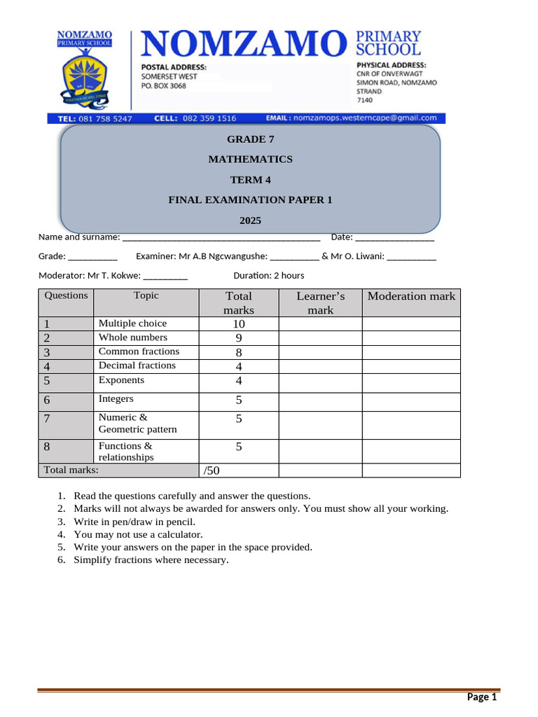 Mathematics Grade 7 Final Exam Paper 1 Term 4 2023 241103 121430 | PDF ...