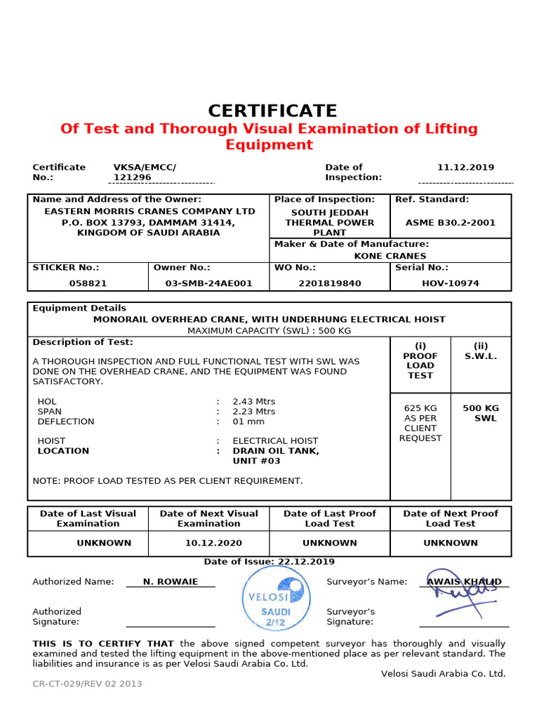 (Morris) Monorail Over Head Crane Load Test | PDF | Crane (Machine ...