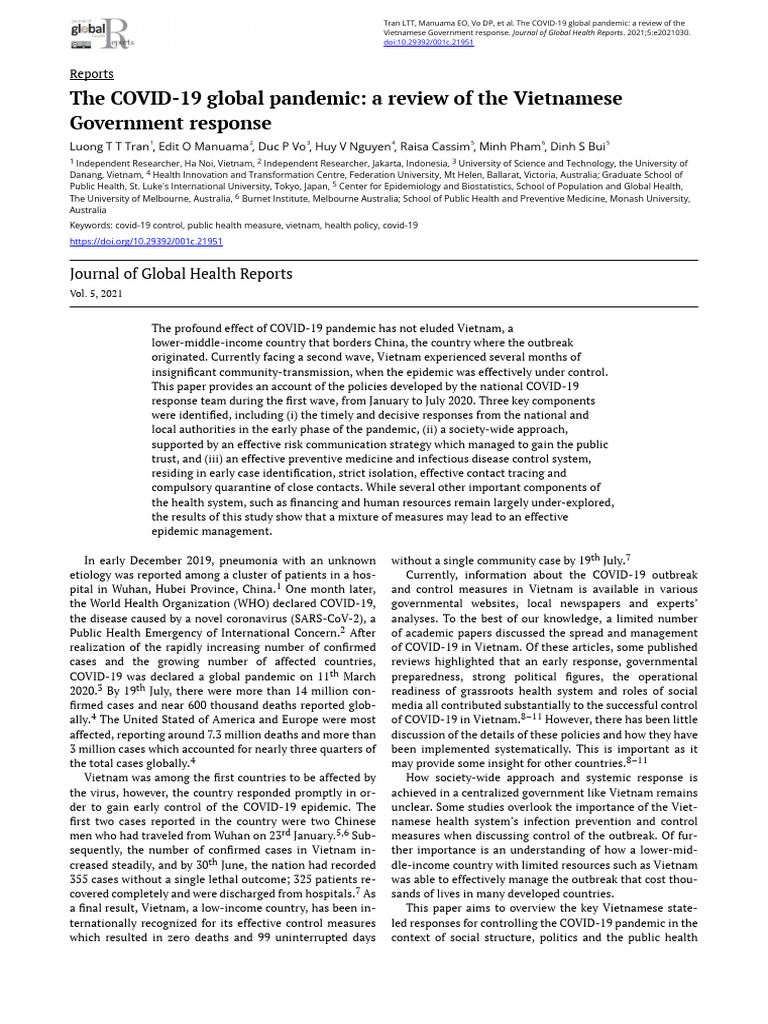 The Covid 19 Global Pandemic A Review of The Vietnamese Government ...