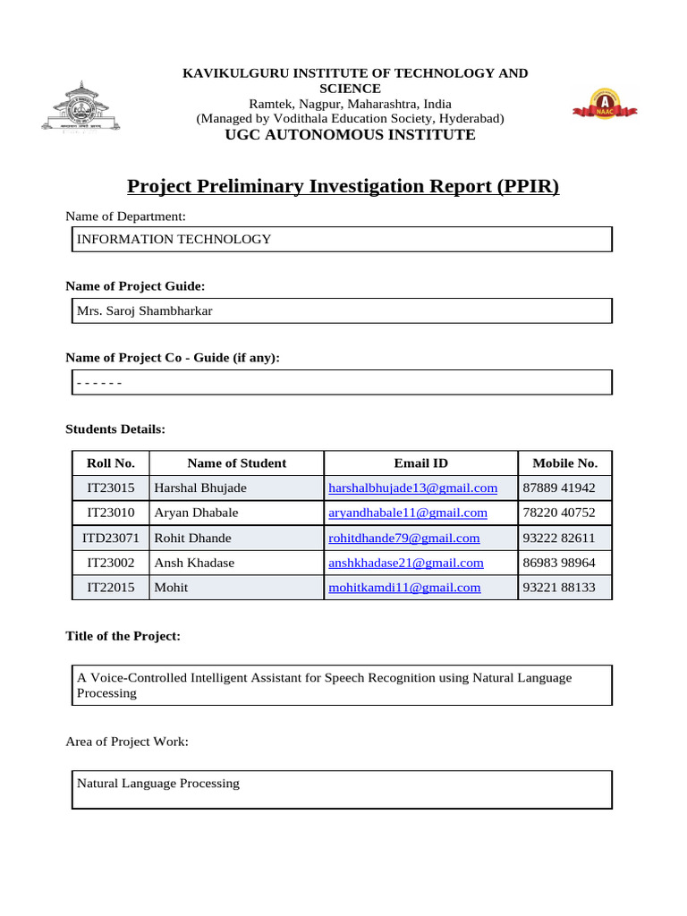 Project Preliminary Investigation Report (PPIR) : Ugc Autonomous ...