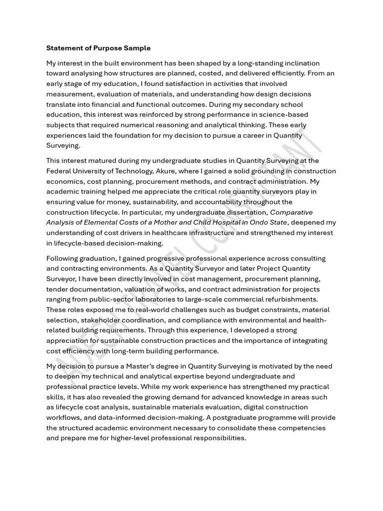 Statement of Purpose Sample | PDF | Surveying | Procurement