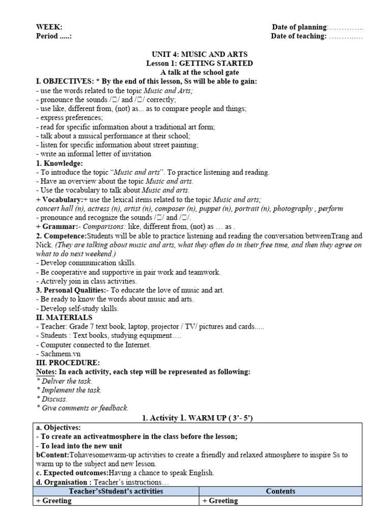 Giao An Unit 4 Lop 7 Music and Arts. | PDF | Vocabulary | Word