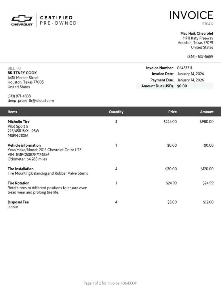 Invoice 06433311 2026-01-14 | PDF | Invoice | Tire