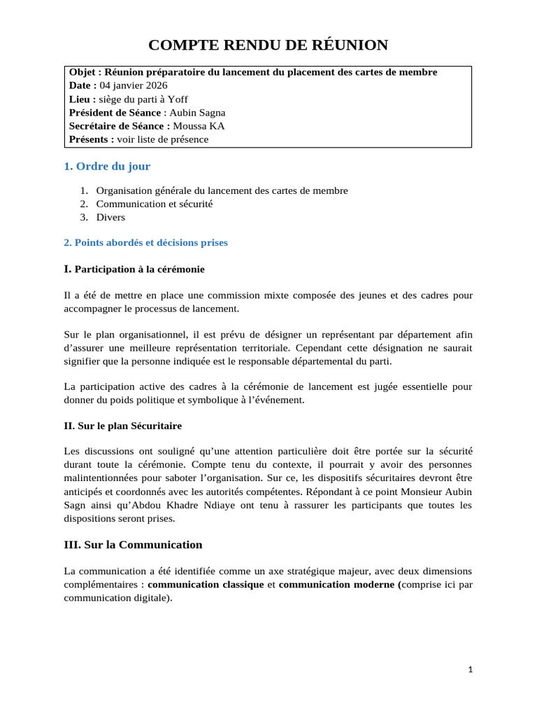 Compte Rendu de Réunion 0402 | PDF
