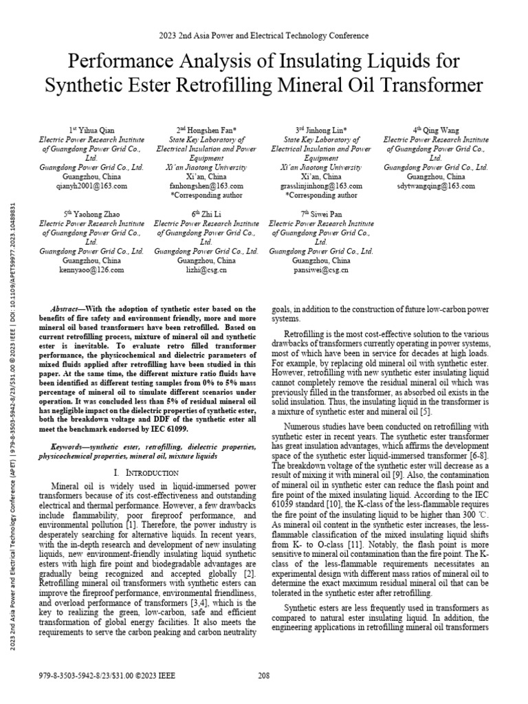 Performance Analysis of Insulating Liquids For Synthetic Ester ...