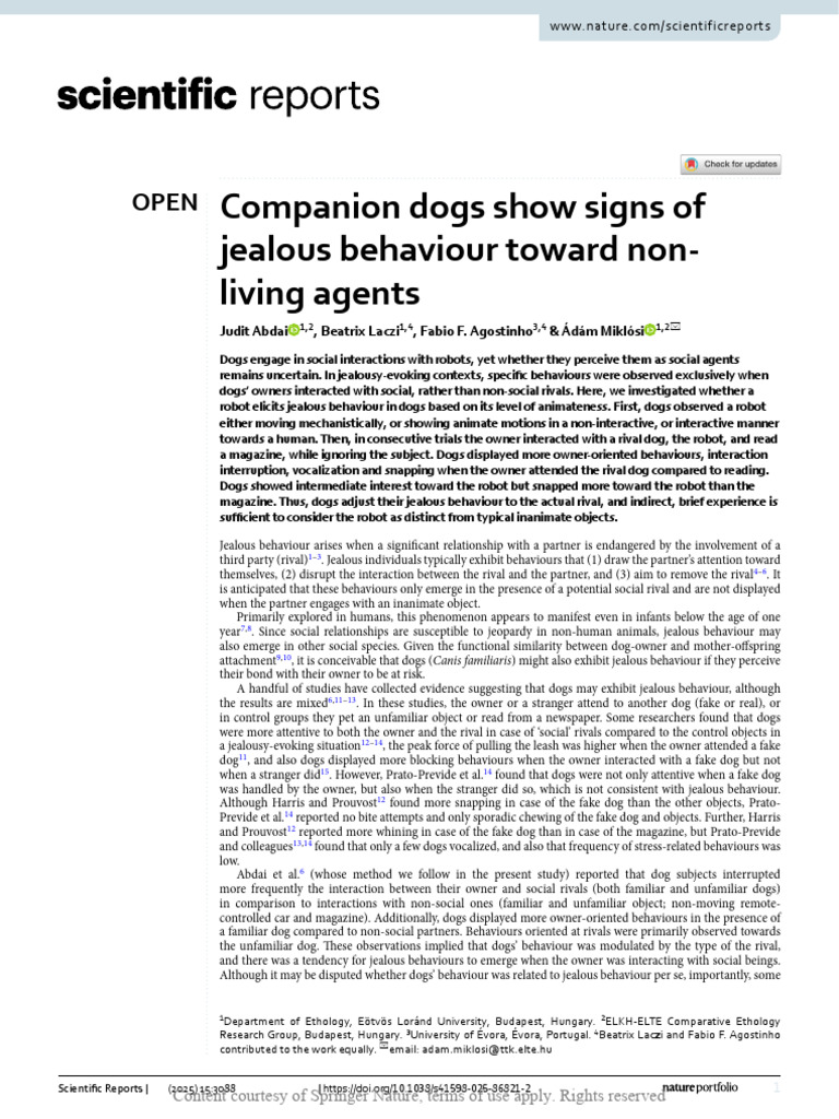 Companion Dogs Show Signs of Jealous Behaviour Toward Non Living Agents ...