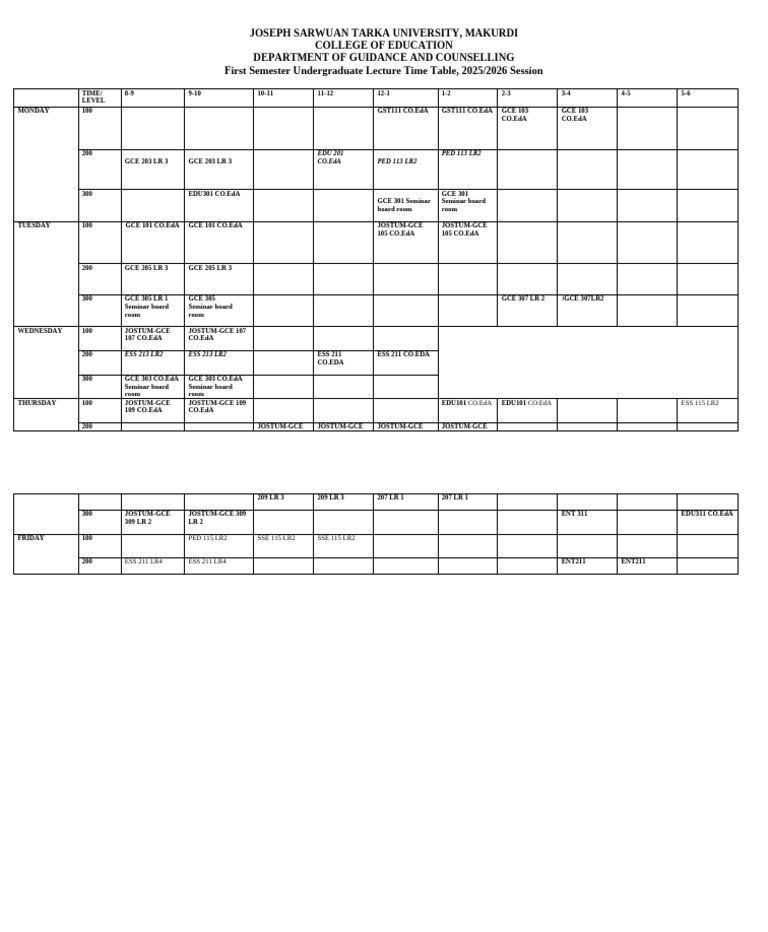First Semester Departments Timetable | PDF