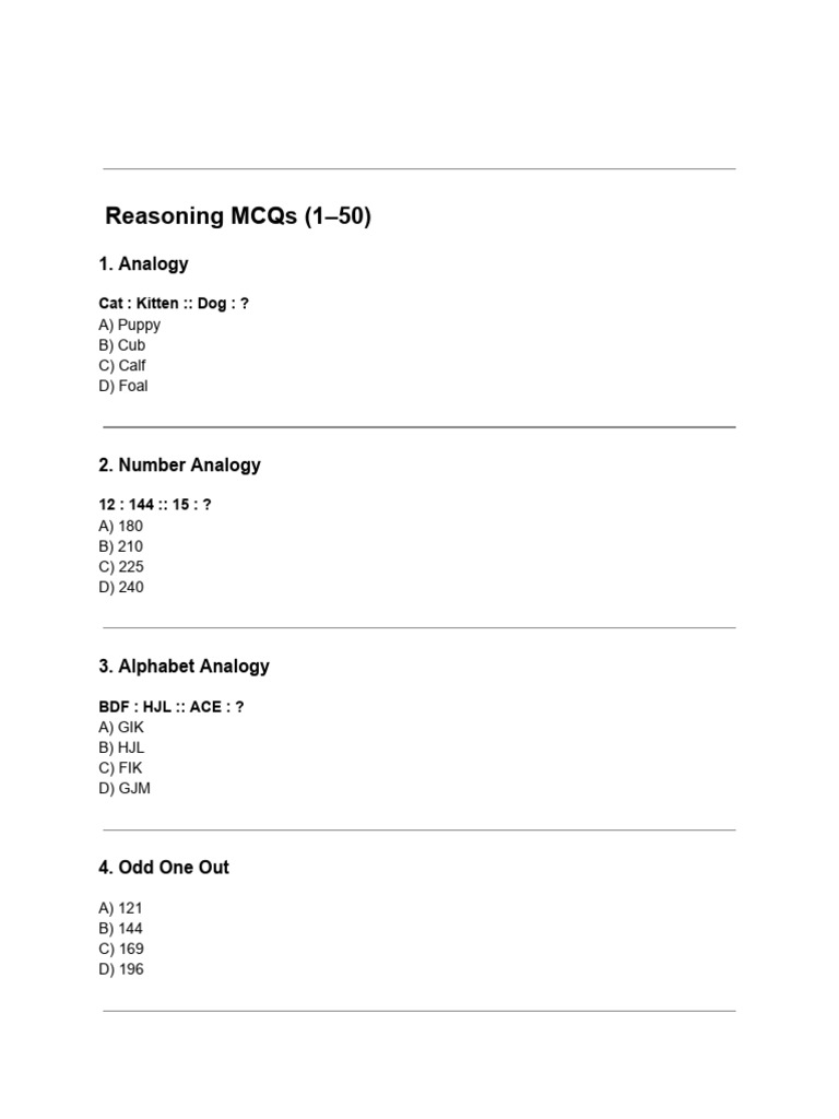 Reasoning MCQs (1-50) | PDF | Chess Theory | Chess
