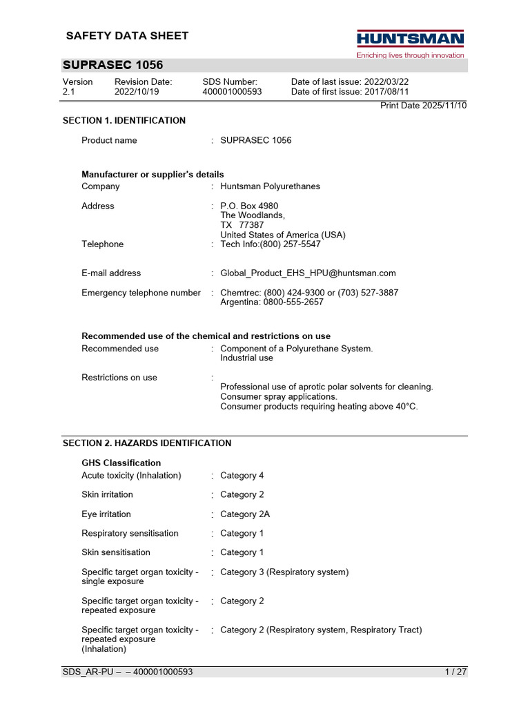 SDS Suprasec 1056 English C820045-En | PDF | Toxicity