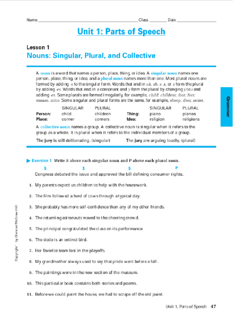Grade 9 Grammar - Parts of Speech (ANSWER KEY) | PDF