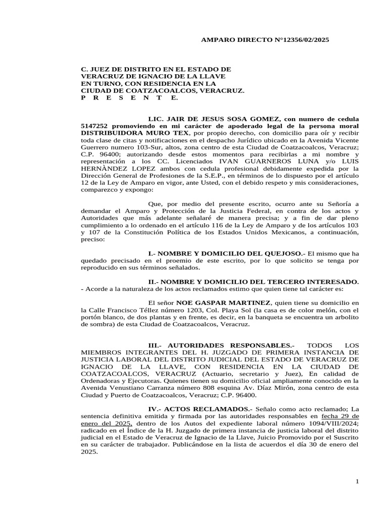 Amparo Directo Laboral | PDF | Derecho Constitucional | Sentencia (ley)