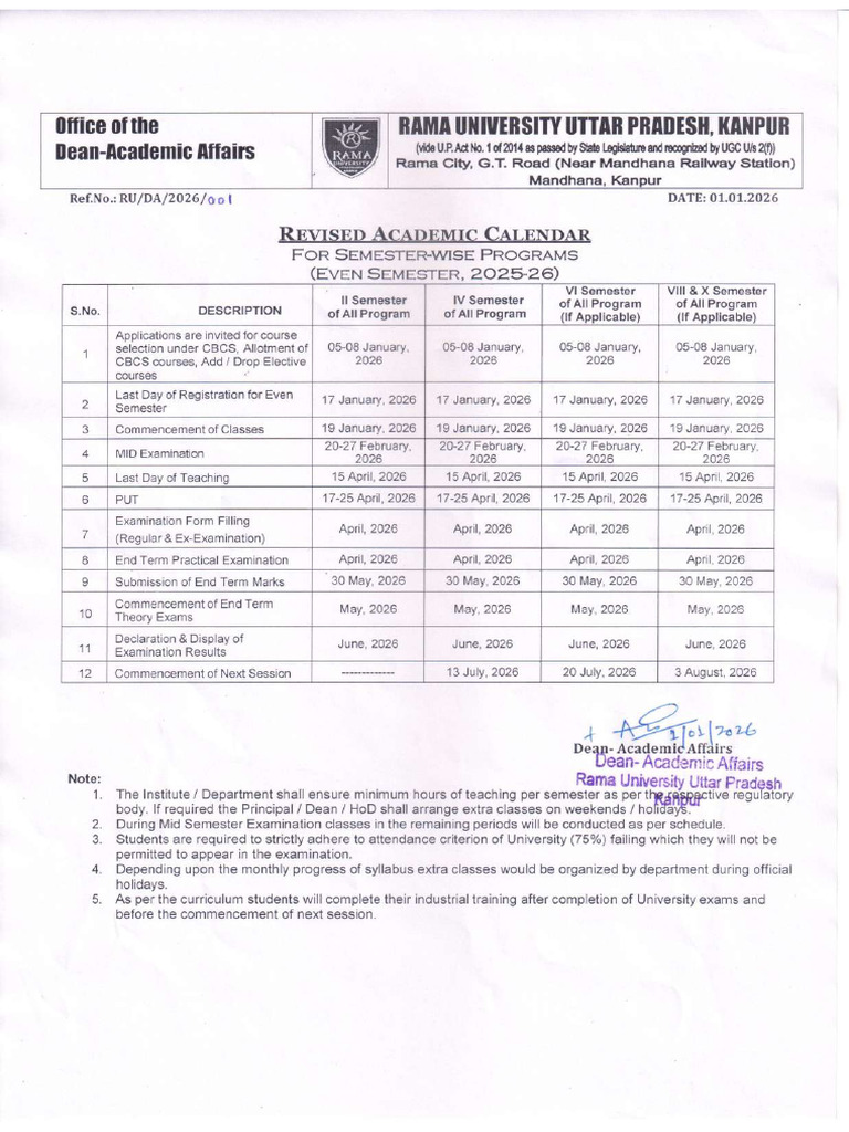 Revised Academic Calendar - Even Sem (2025-26) | PDF