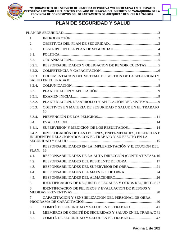 Plan de Seguridad y Salud Ocupacional | PDF | Seguridad y salud ...