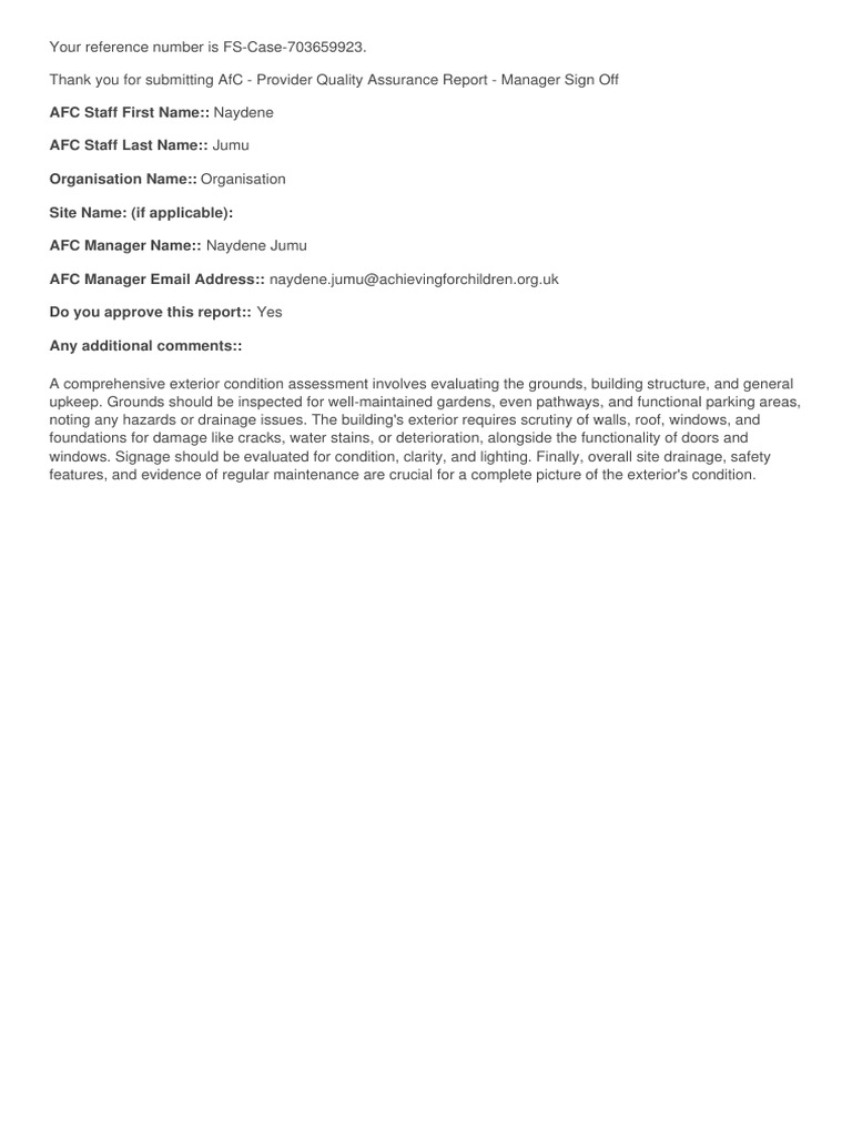 AfC - Provider Quality Assurance Report - Manager Sign Off ...