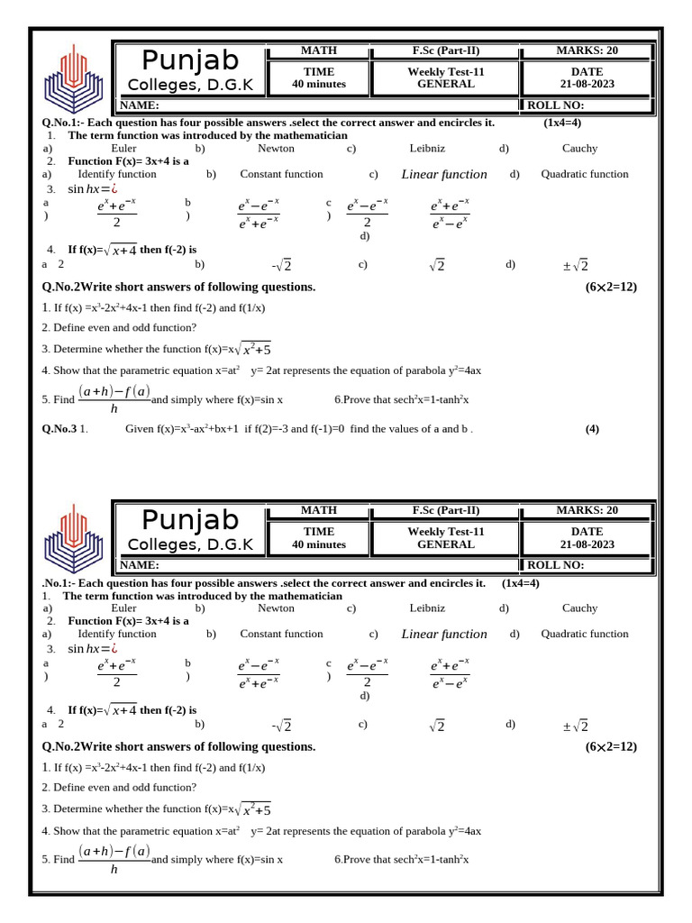 Math 2nd Year Week-5 21-08-23 | PDF | Quadratic Equation | Function ...