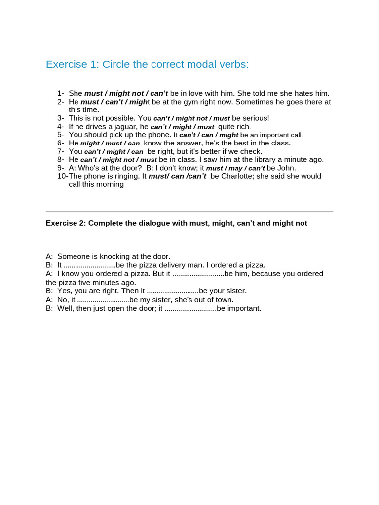 Homework Modal Verbs Exercises | PDF