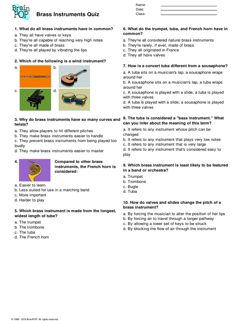 Brainpop Brass Instruments Quiz 1584872662 | PDF | Tuba | Brass Instruments
