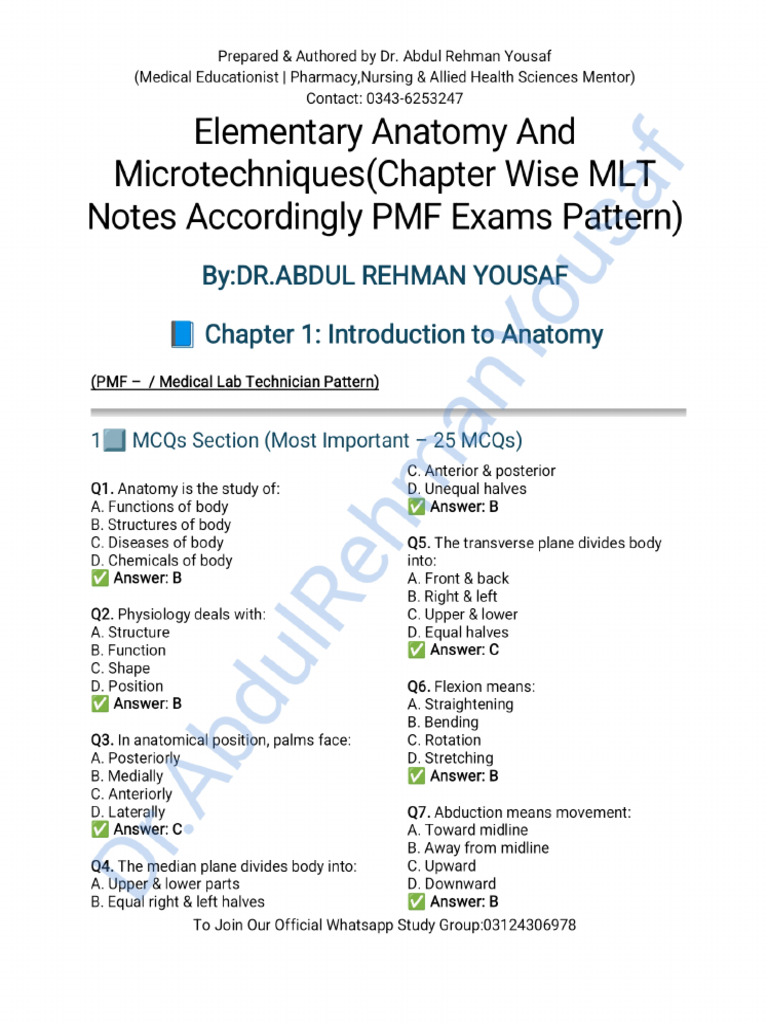 Elementary Anatomy and Micro Techniques MLT 1st Year Notes Chapter Wise ...