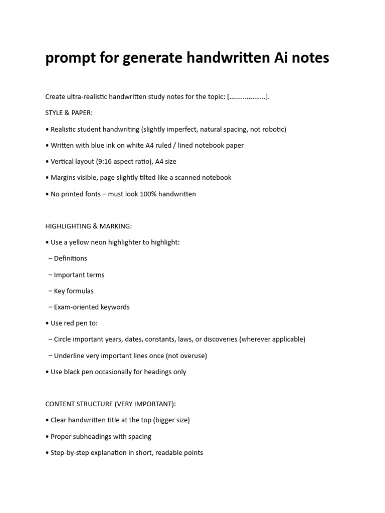 Prompt For Generate Handwritten Ai Notes | PDF