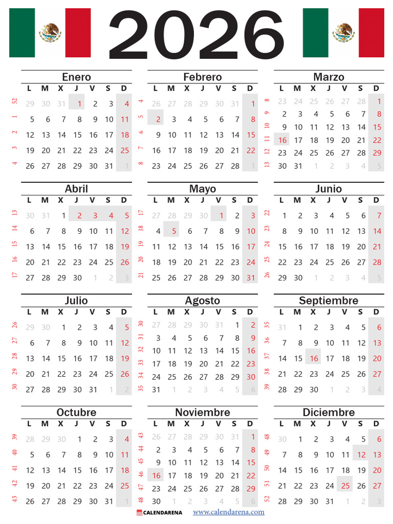 Calendario 2026 para Imprimir Con Feriados Mexico | PDF
