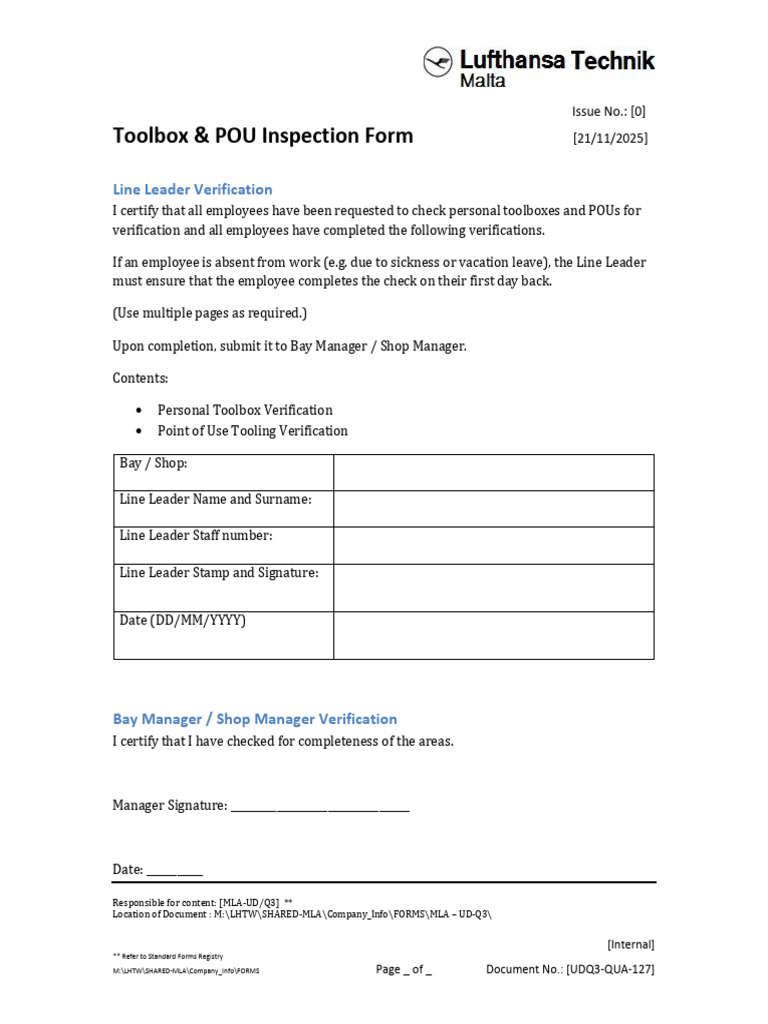 UDQ3 QUA 127 Rev 0 Toolbox POU Inspection Form | PDF | Document ...