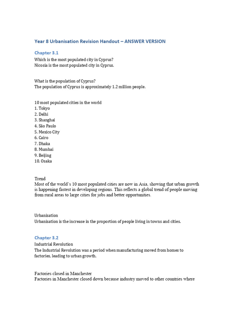Year 8 Urbanisation Revision Handout Answers | PDF | Slum | Urbanization