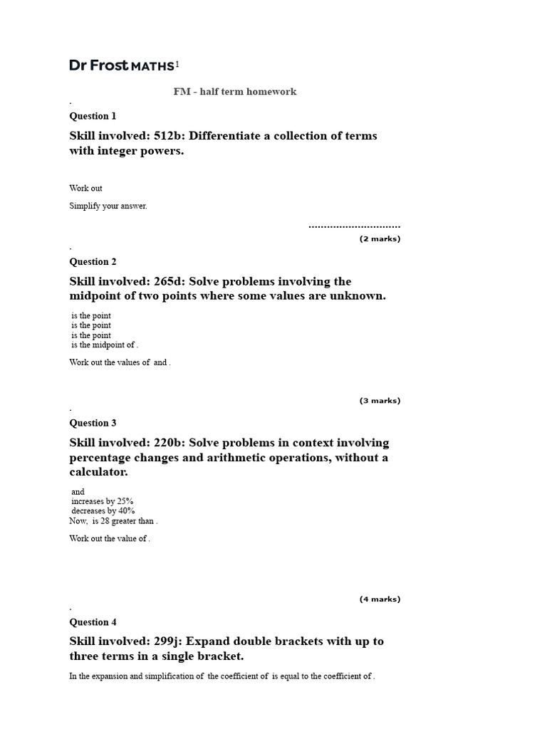 FM Spring Half-Term Homework - To Print | PDF | Equations | Circle