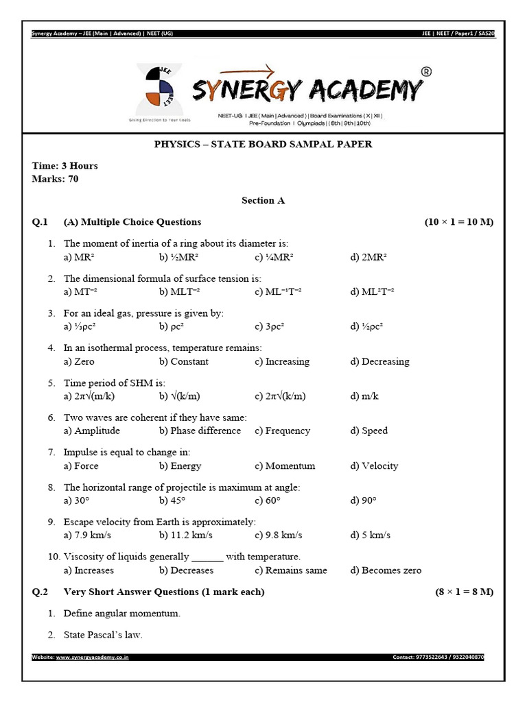State Board Physics Test Paper | PDF | Force | Gases