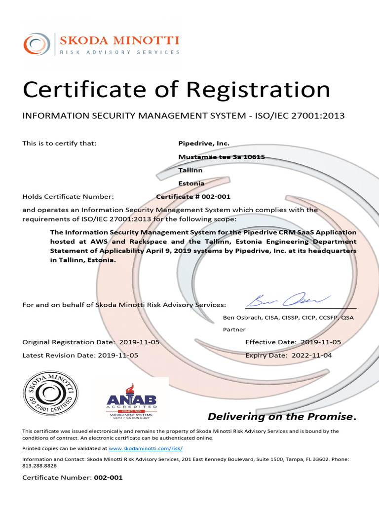ISO IEC 27001 2013 Certificate PipeDrive 2 1 | PDF | Information Security
