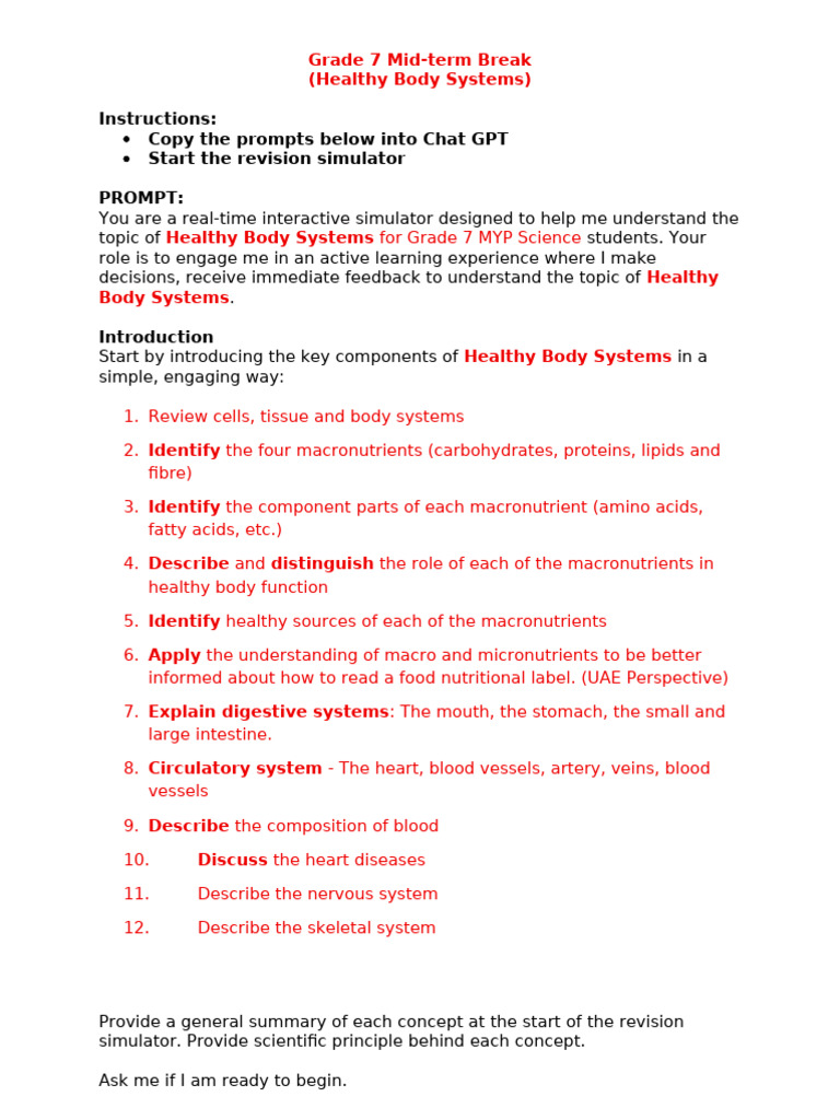 GR 7 Mid-Term Break - AI Simulator - Healthy Body Systems | PDF ...